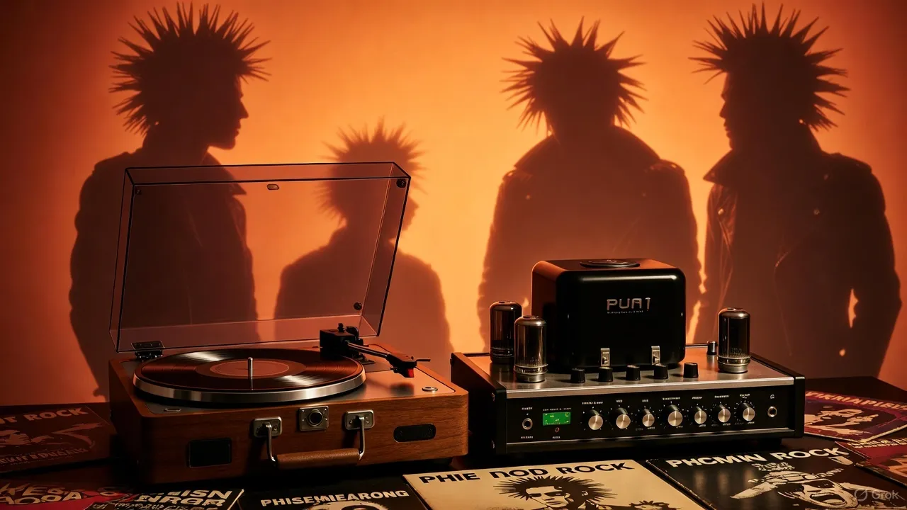 真空管アンプとターンテーブルの前に、スパイキーヘアの人々の影がオレンジ色の壁に映し出されているパンク調のシーン。
