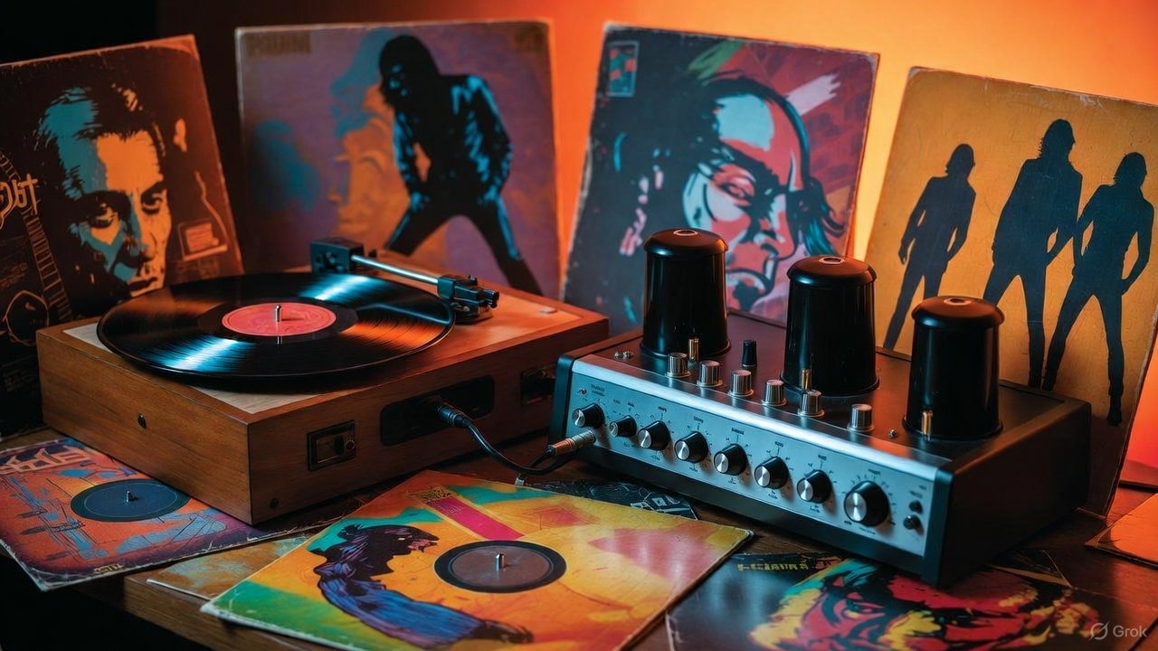 真空管アンプと木製ターンテーブルの周りに、カラフルなパンクレコードのジャケットが並ぶ。暖色の照明がアナログ機器を照らしている。