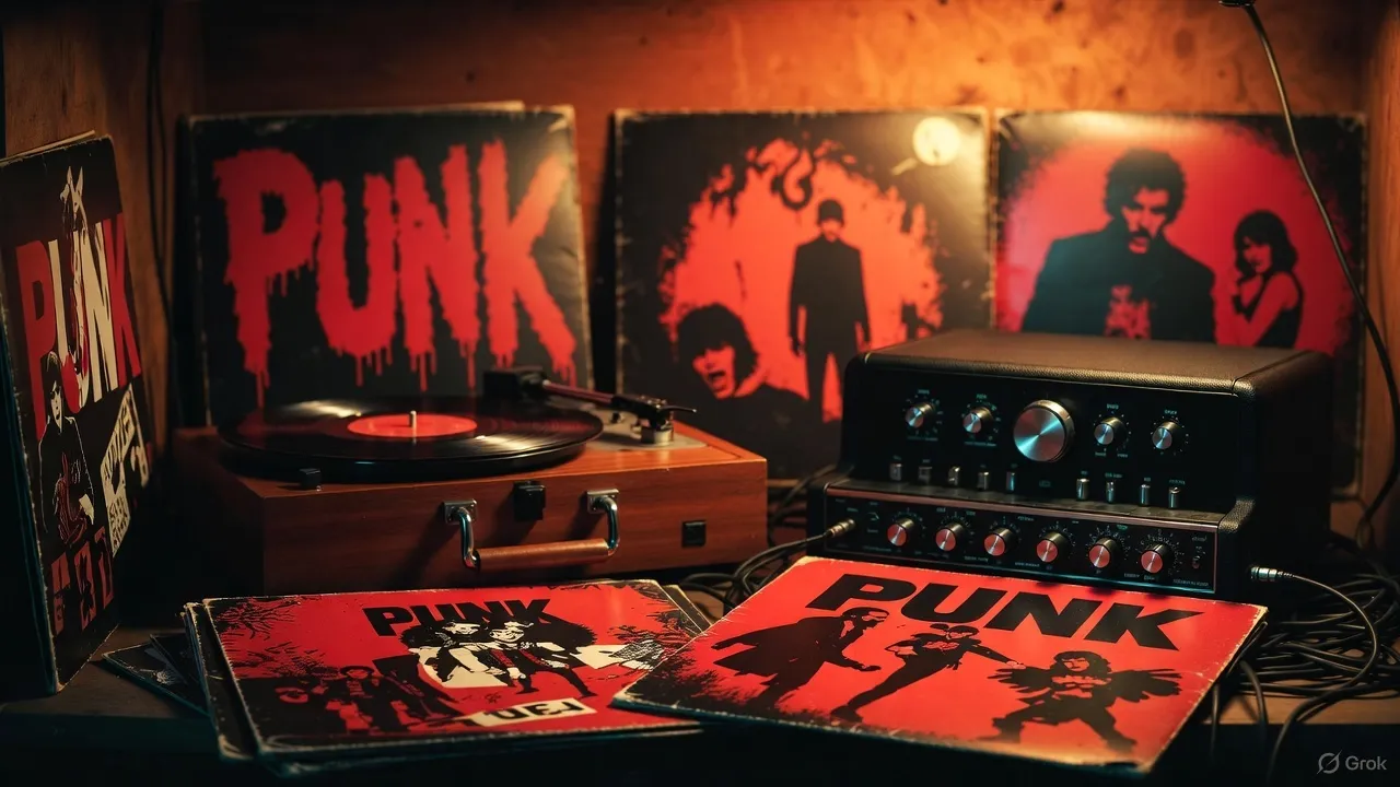 赤と黒を基調にしたパンクレコードのジャケットが並び、ターンテーブルと真空管アンプが温かい照明の下に置かれている。