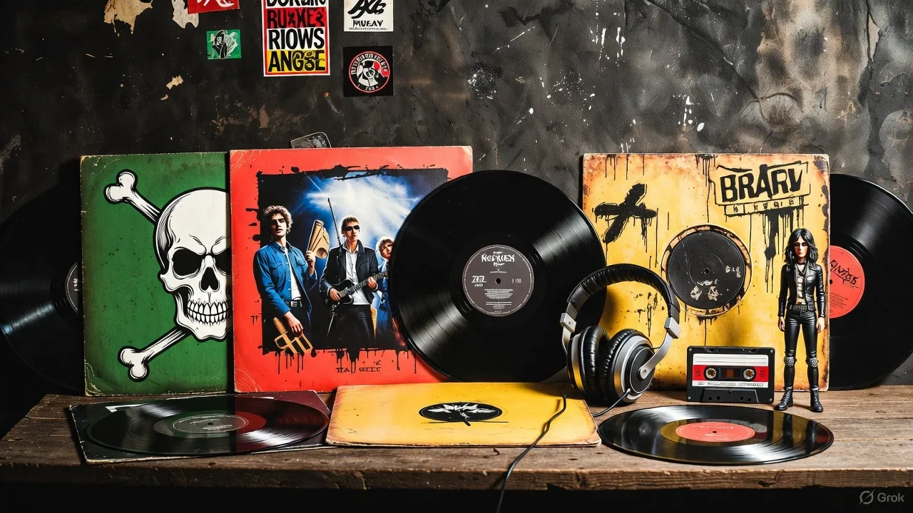 パンク系のレコードジャケットと黒いアナログ盤が並び、ヘッドホンとカセットテープ、フィギュアが置かれた木製テーブル。壁にはステッカーが貼られている。