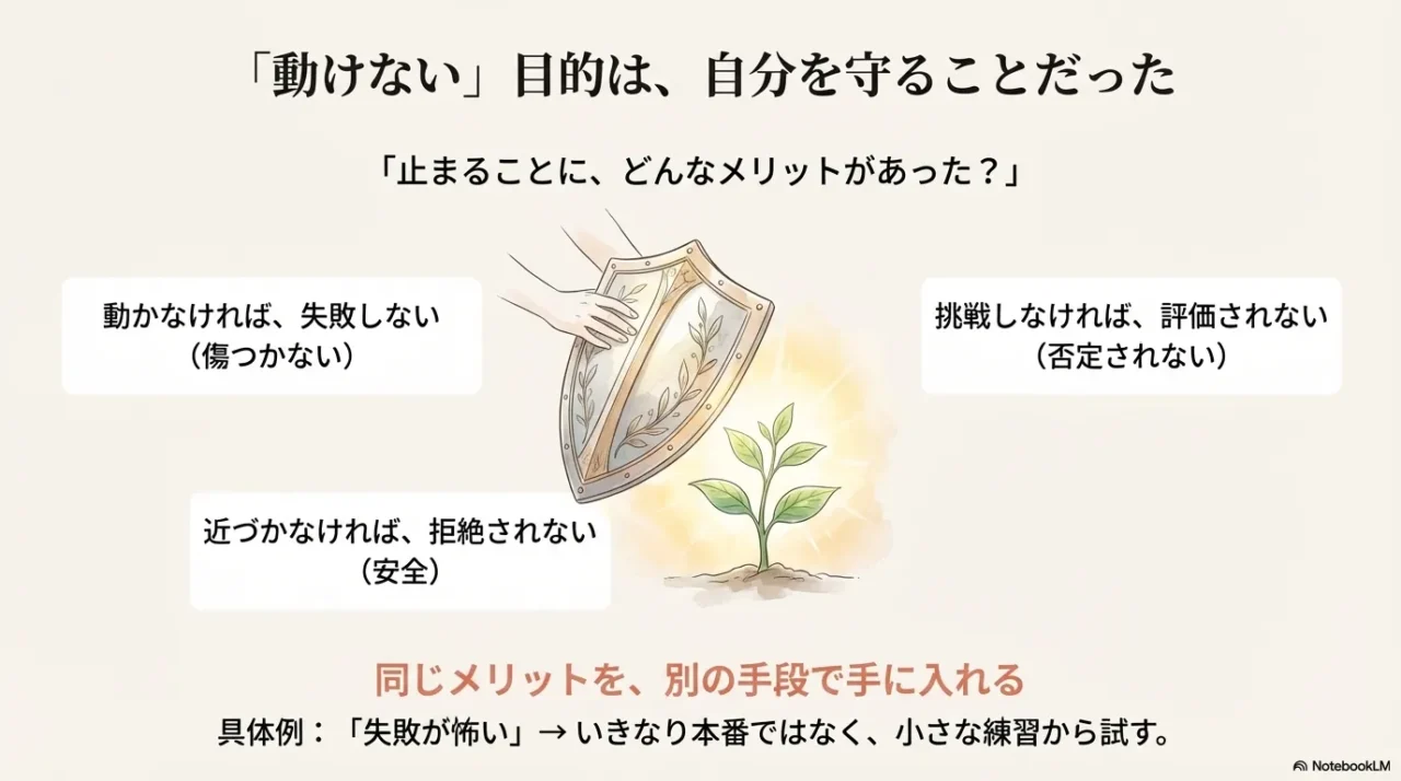 動かないことは自分を傷つきや失敗から守るための盾であるというイラスト