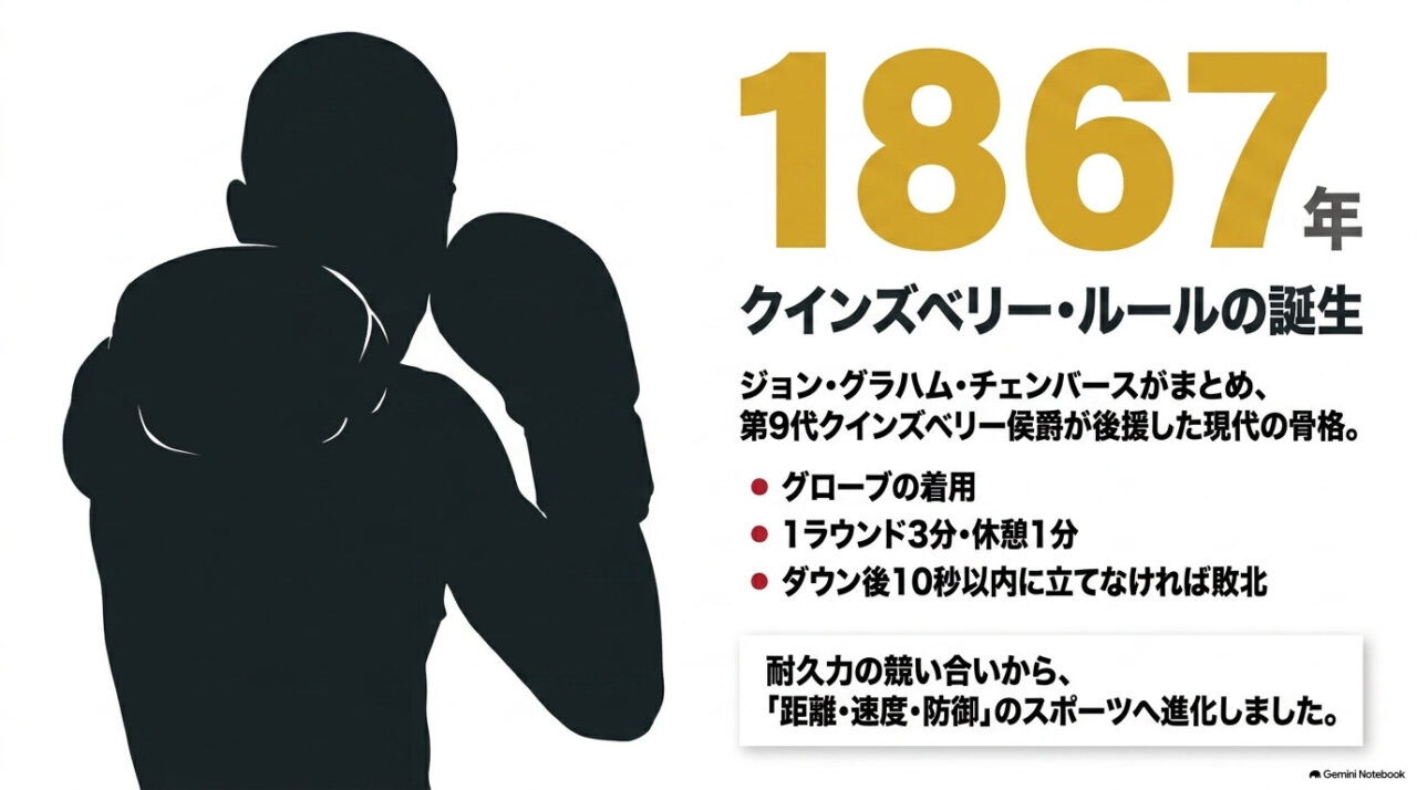 グローブを構えるボクサーのシルエットと「1867年」の数字、クインズベリー・ルールの主要3項目を箇条書きで示した解説図。
