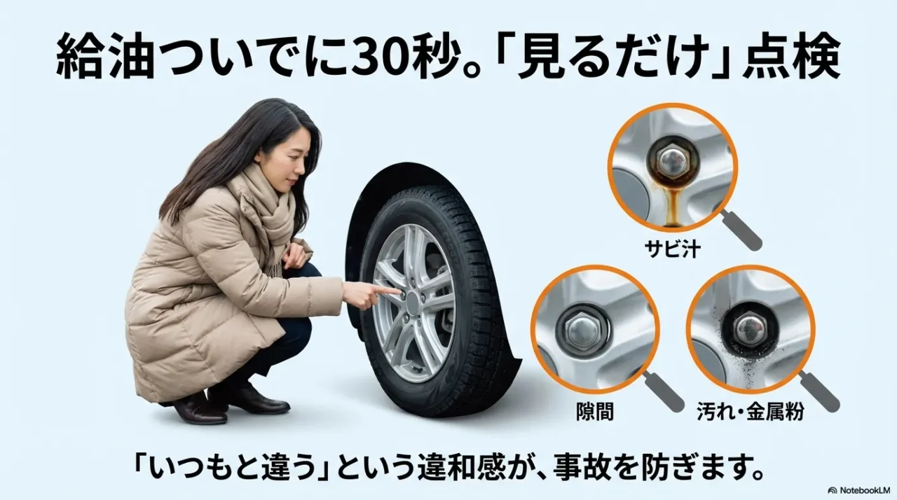 給油ついでに30秒でできる見るだけ点検のポイントを示す画像