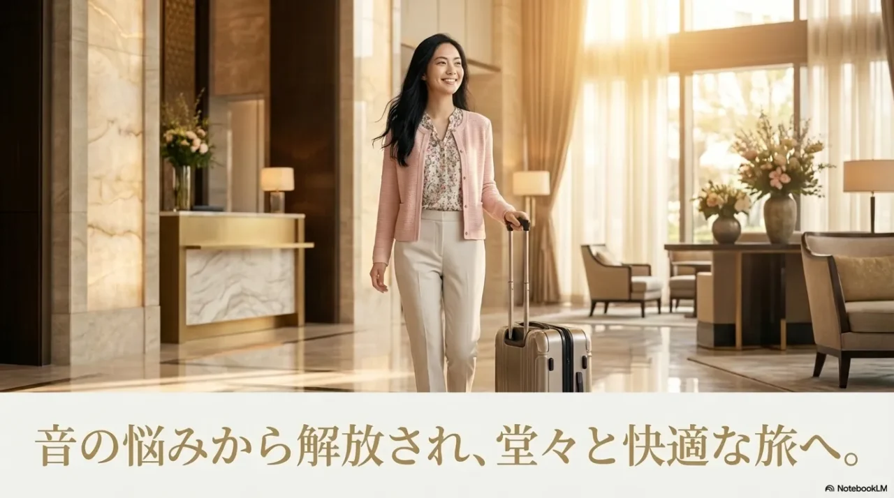 明るいホテルで静かにスーツケースを引く女性。音の悩みから解放された旅をイメージした画像