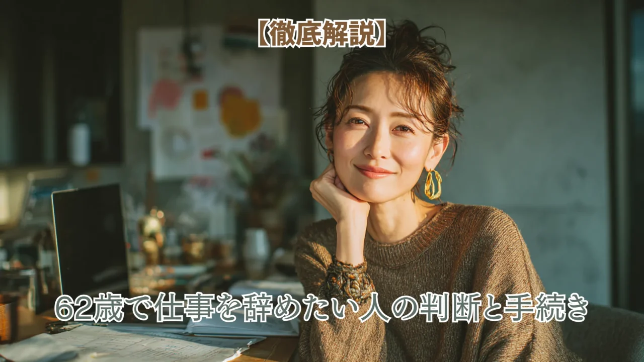 デスクで微笑む女性のアイキャッチ画像。テキストに「【徹底解説】62歳で仕事を辞めたい人の判断と手続き」とある。