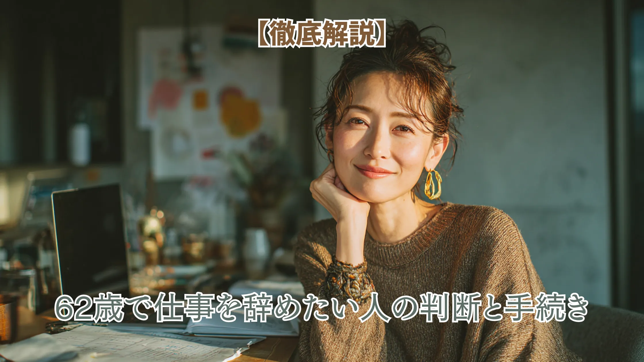 デスクで微笑む女性のアイキャッチ画像。テキストに「【徹底解説】62歳で仕事を辞めたい人の判断と手続き」とある。