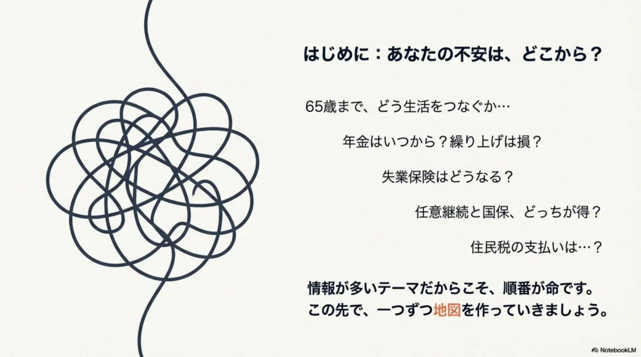 65歳までの生活費、年金、失業保険、保険切替、住民税など、62歳退職で多い不安を一覧化