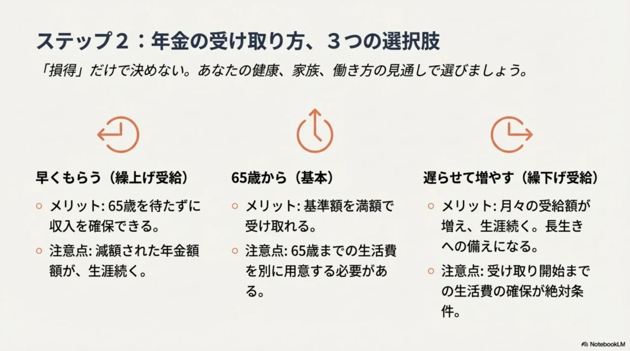年金の受給開始を繰上げ・65歳開始・繰下げで比較し、損得だけで決めない判断ポイントを整理