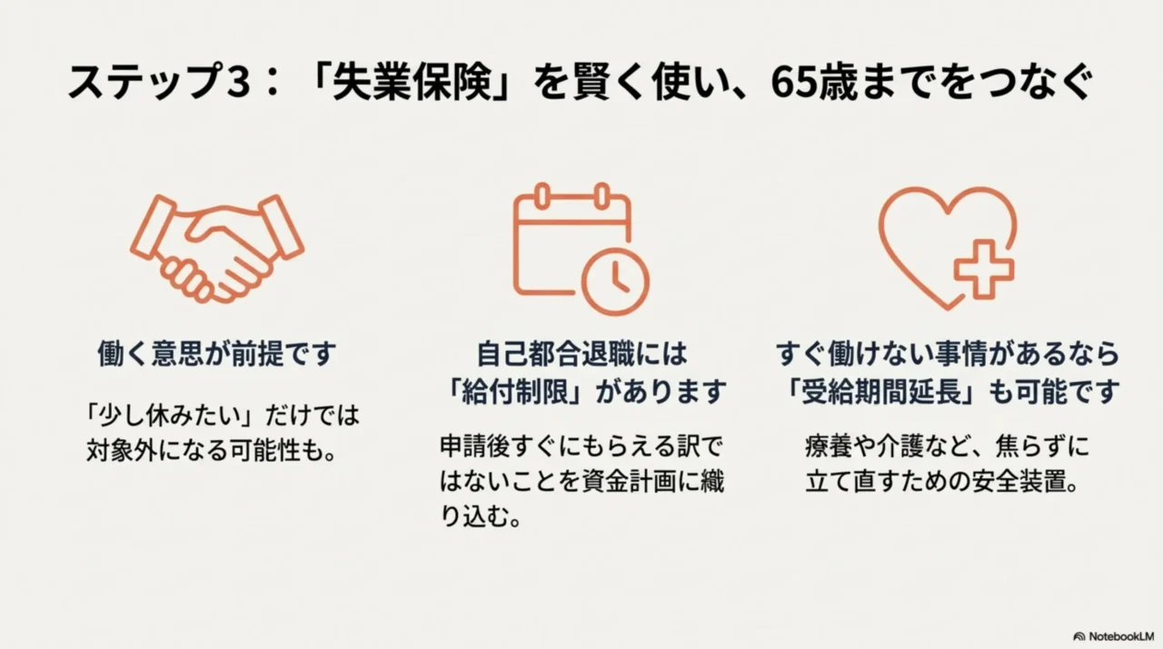 待期、自己都合の給付制限、受給期間延長など、失業保険を65歳までのつなぎに使う流れ