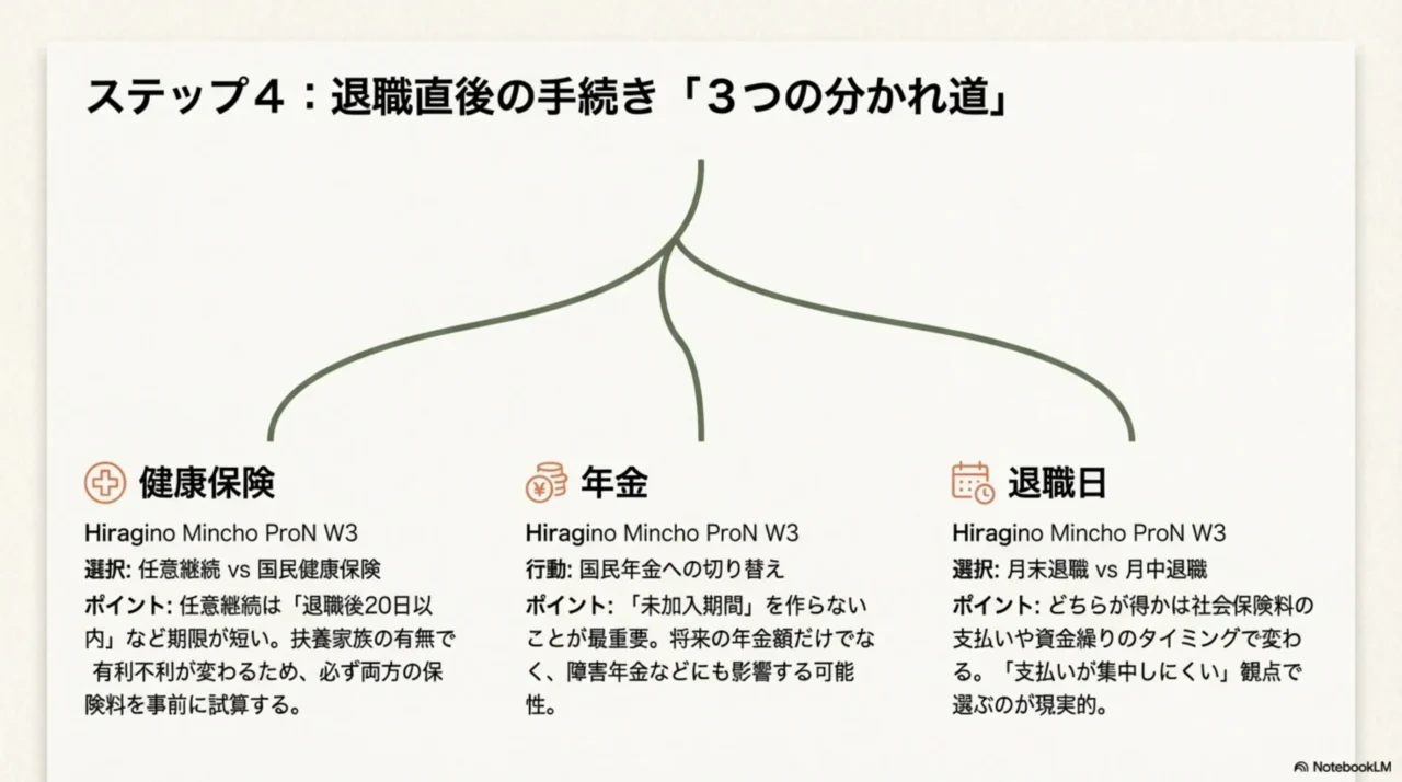退職後の健康保険（任意継続/国保/扶養）、国民年金切替、住民税、退職日の設計をまとめた手続き図