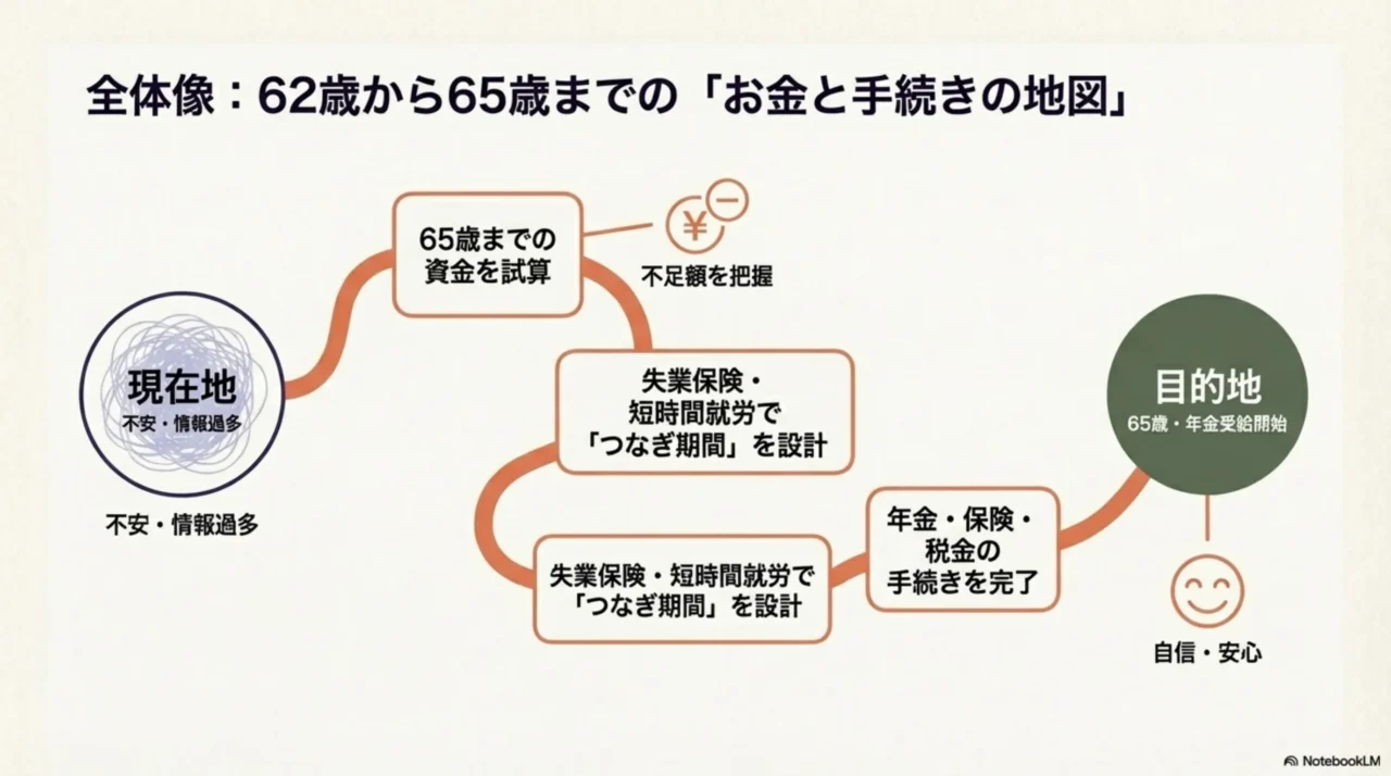 62歳で辞める前後に必要な判断と手続きを、ステップ順に整理した全体ロードマップ図