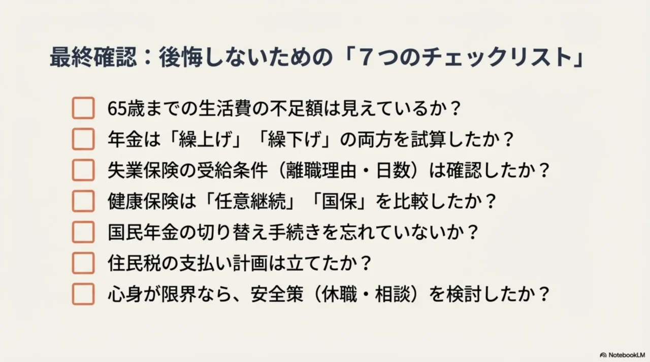 65歳までの不足額、年金試算、失業保険、健康保険、国民年金、住民税などを確認する最終チェック項目