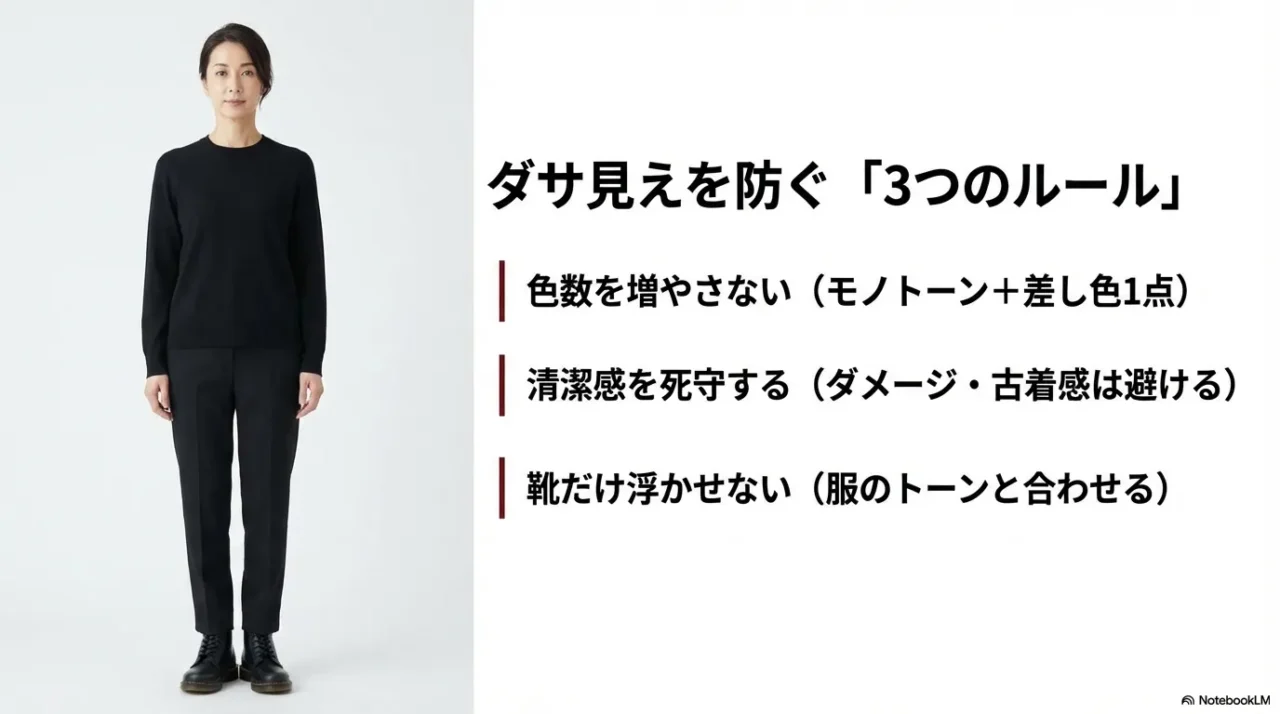 ダサ見えを防ぐ3つのルール。色数を増やさない、清潔感を死守する、靴だけ浮かせないことが重要。
