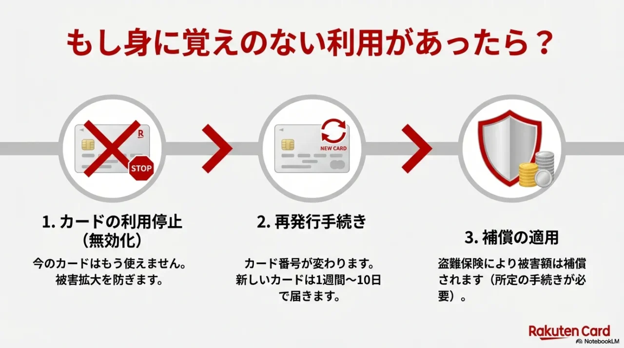 身に覚えのない利用があった際のカード停止・再発行・補償適用までの対応フローチャート