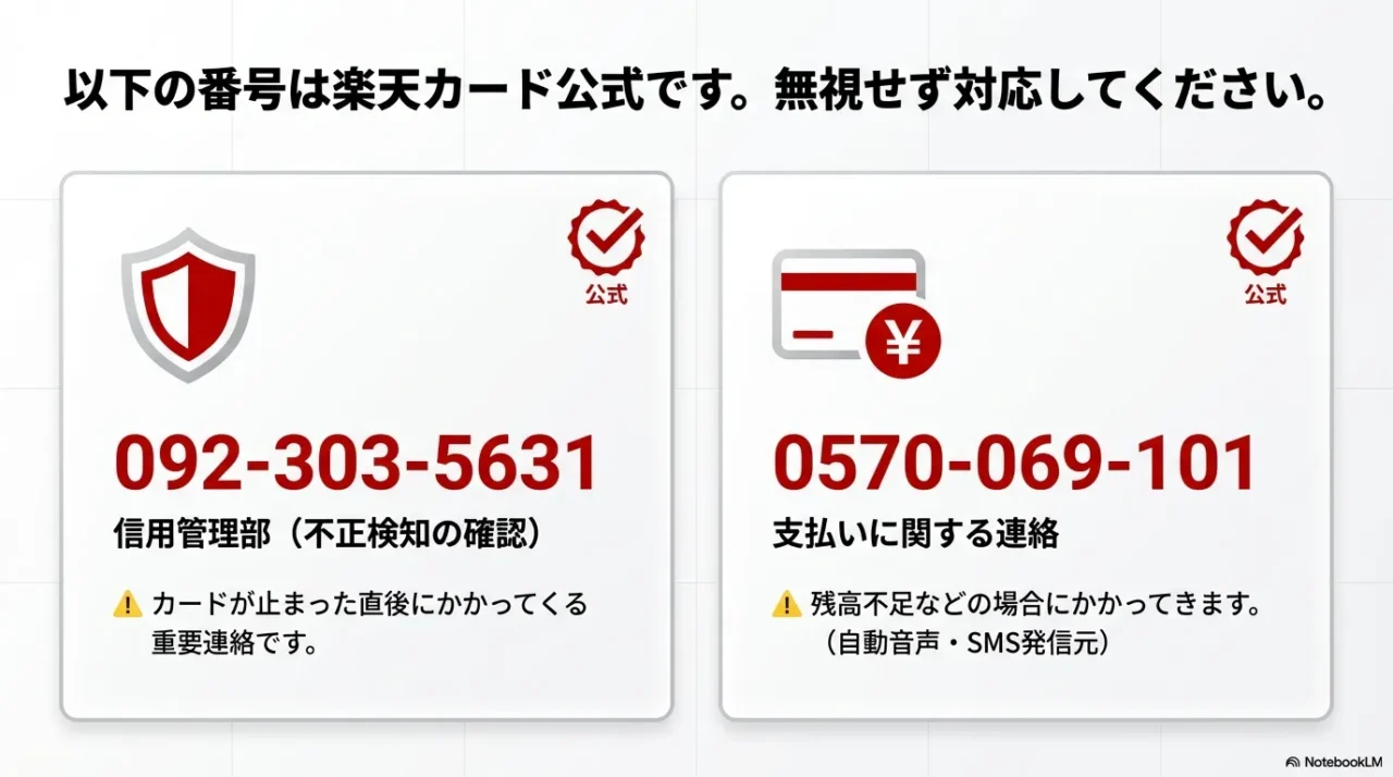 楽天カードの正規番号である092-303-5631（信用管理部・不正検知）と0570-069-101（支払い連絡）の役割と安全性を解説した一覧表 。 +1
