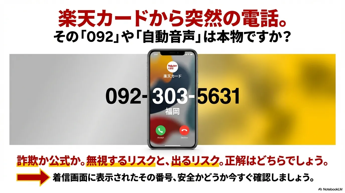 楽天カードからの092着信や自動音声が本物か詐欺かを判定するガイドの表紙画像。着信画面のイラストと共に「無視するリスクと出るリスク」を提起している 。