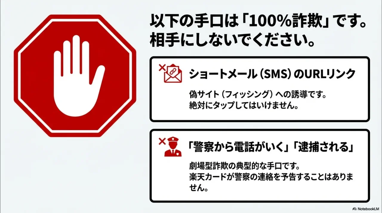 ショートメール（SMS）のURLリンクや「警察から電話がいく」という脅し文句は、100%詐欺であるとして警告するSTOPマークのイラスト 。
