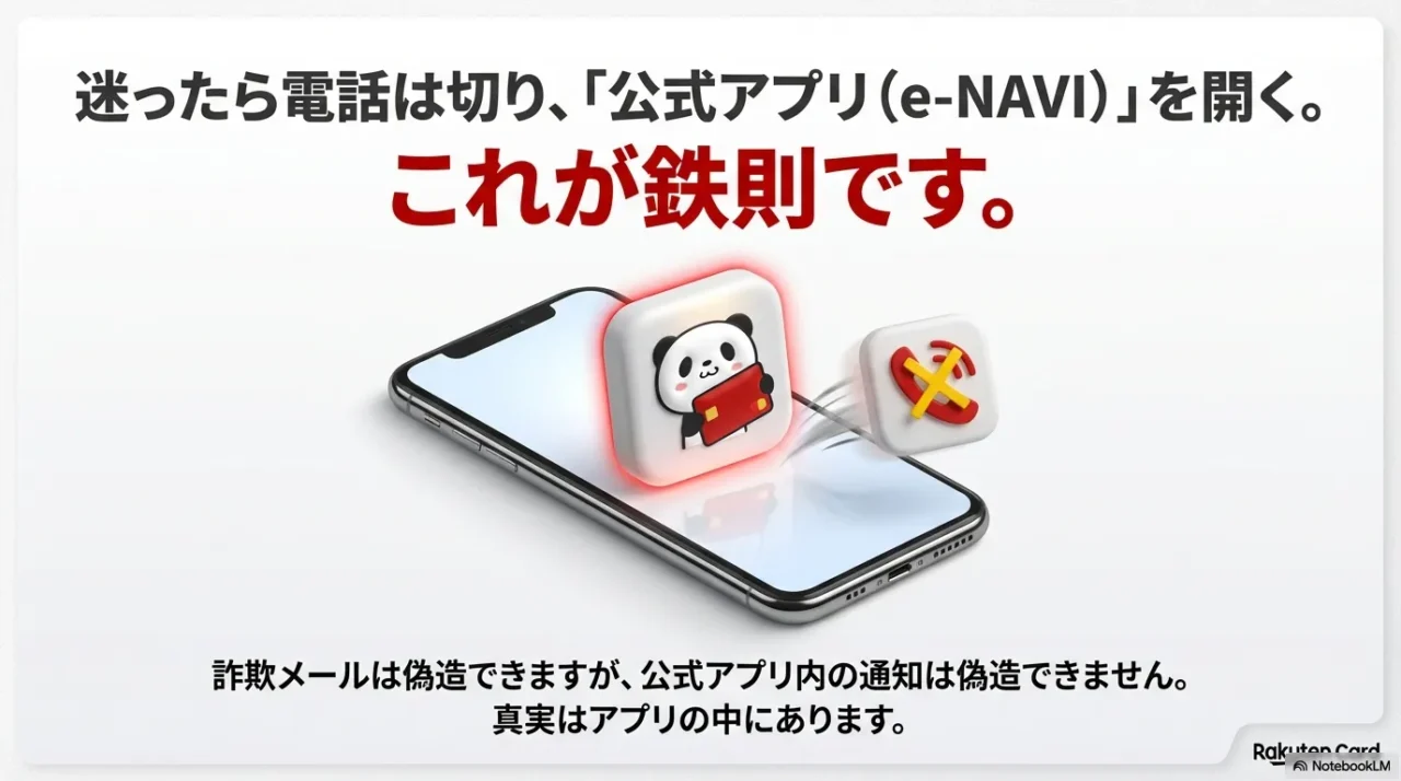詐欺メール対策として、迷ったら電話を切って楽天カード公式アプリ（e-NAVI）を確認することを推奨するお買いものパンダのイラスト 。