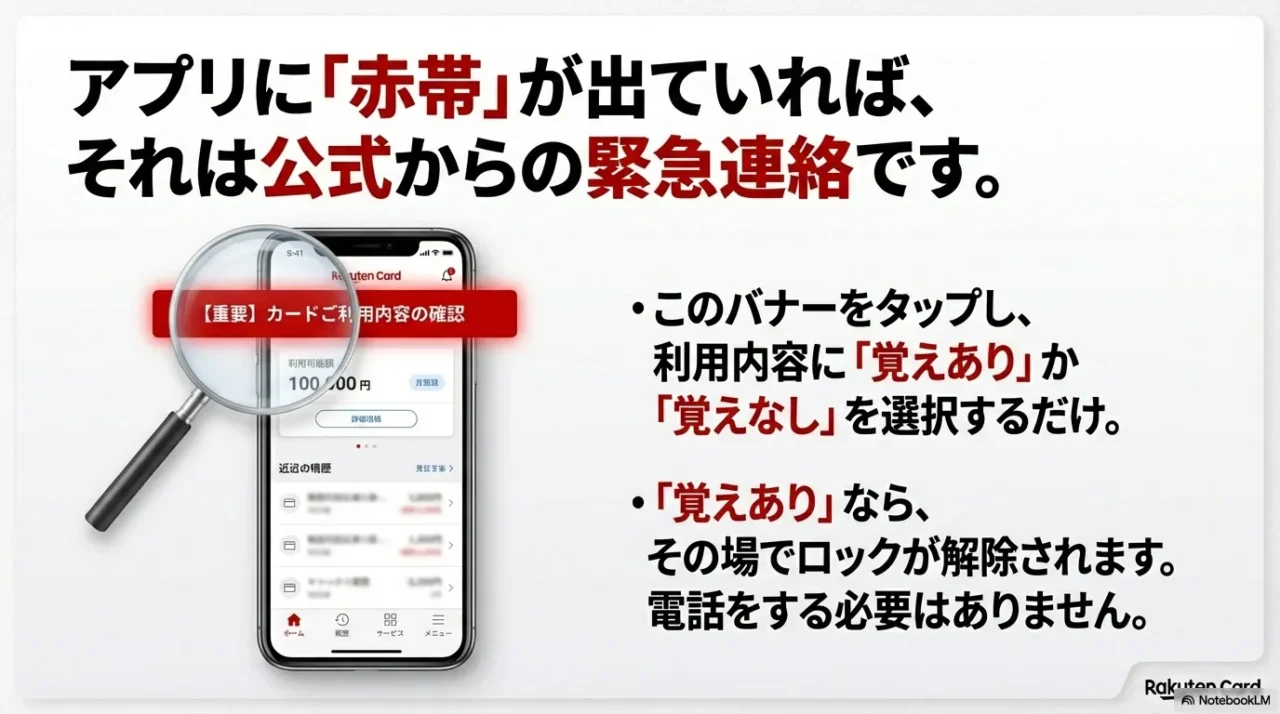 楽天e-NAVIアプリトップ画面に表示される「カードご利用内容の確認」という緊急赤色バナーのイメージ