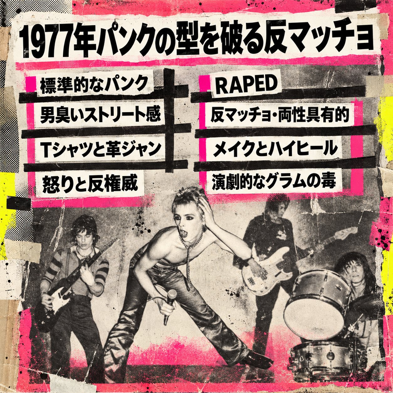 1977年のRAPEDライブ写真と比較表を使い、標準的なパンク像に対するメイクやハイヒールなど反マッチョな表現を示す画像