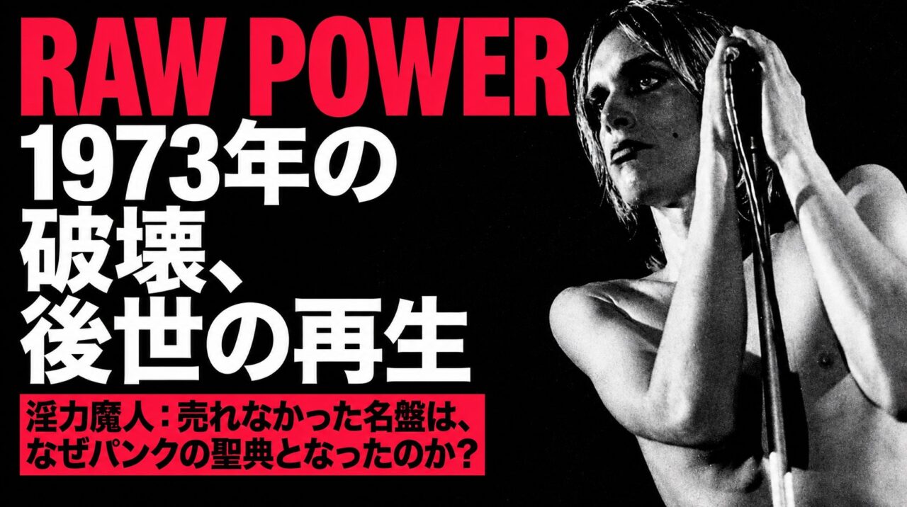 黒地に赤白の大見出しと、マイクを握るイギー・ポップのモノクロ写真を配置した『淫力魔人』解説記事のメイン画像。