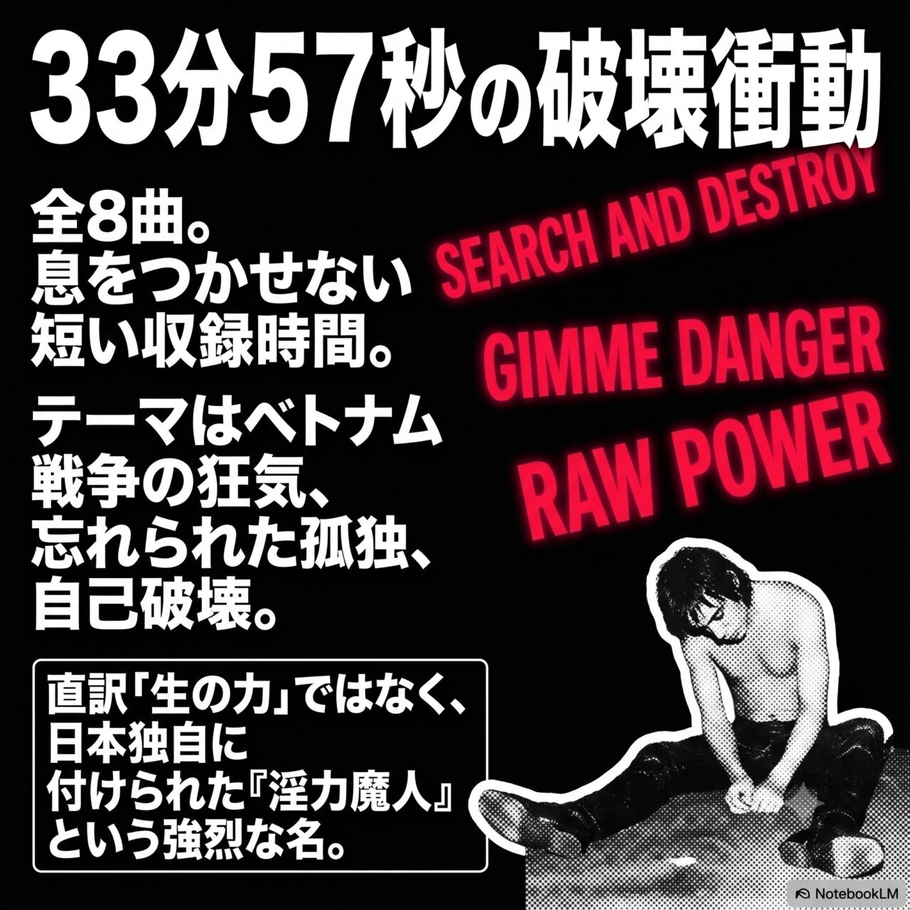 黒背景に収録時間33分57秒、全8曲、Search and Destroyなどの曲名と、戦争・孤独・自己破壊のテーマを示す図。