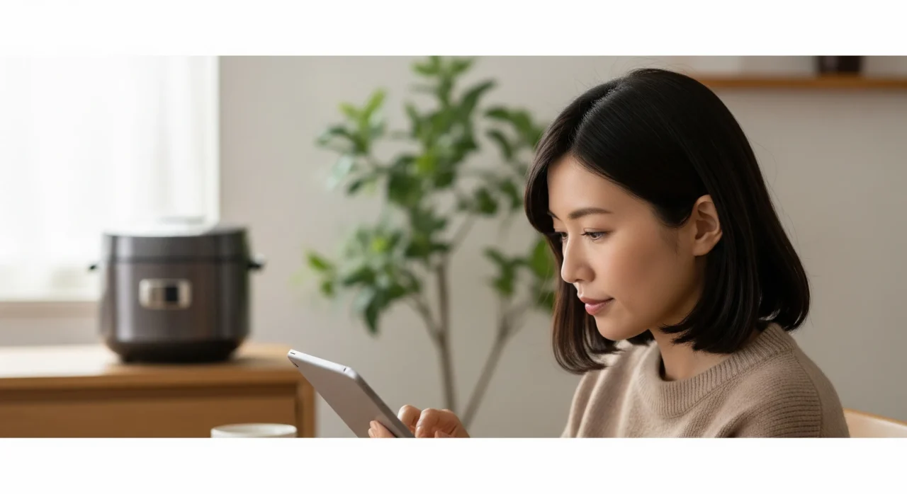 日本人女性がタブレットで炊飯器の口コミを読んでいる様子。