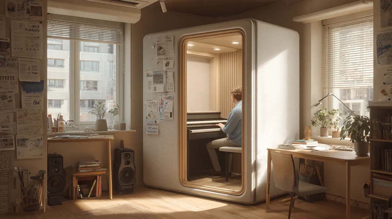 室内に設置された小型防音室の中で、男性がピアノを演奏している様子。窓から光が差し込む明るい部屋に、防音室とデスクや観葉植物が並ぶ。