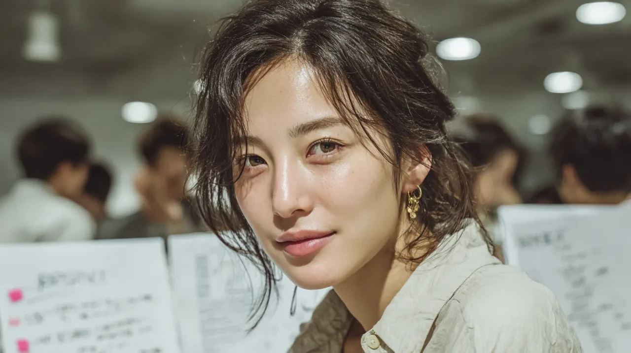 叱られた後に気持ちを切り替えて作業を立て直す20代日本人女性の表情と、背景の業務メモ