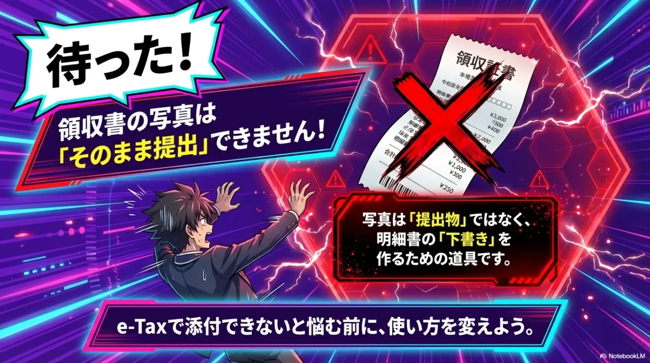 領収書写真はそのまま提出できないことを示す図解
