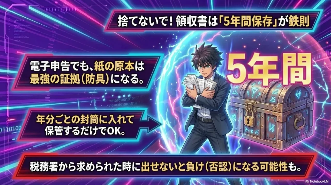 領収書を5年間保存することを推奨するイメージ