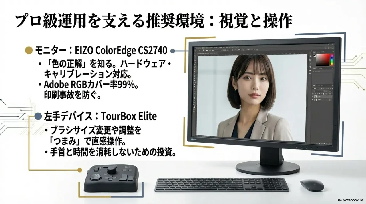 色の正解を担保するカラーマネジメントモニターと、調整作業を時短する左手デバイスで制作効率を上げるという提案