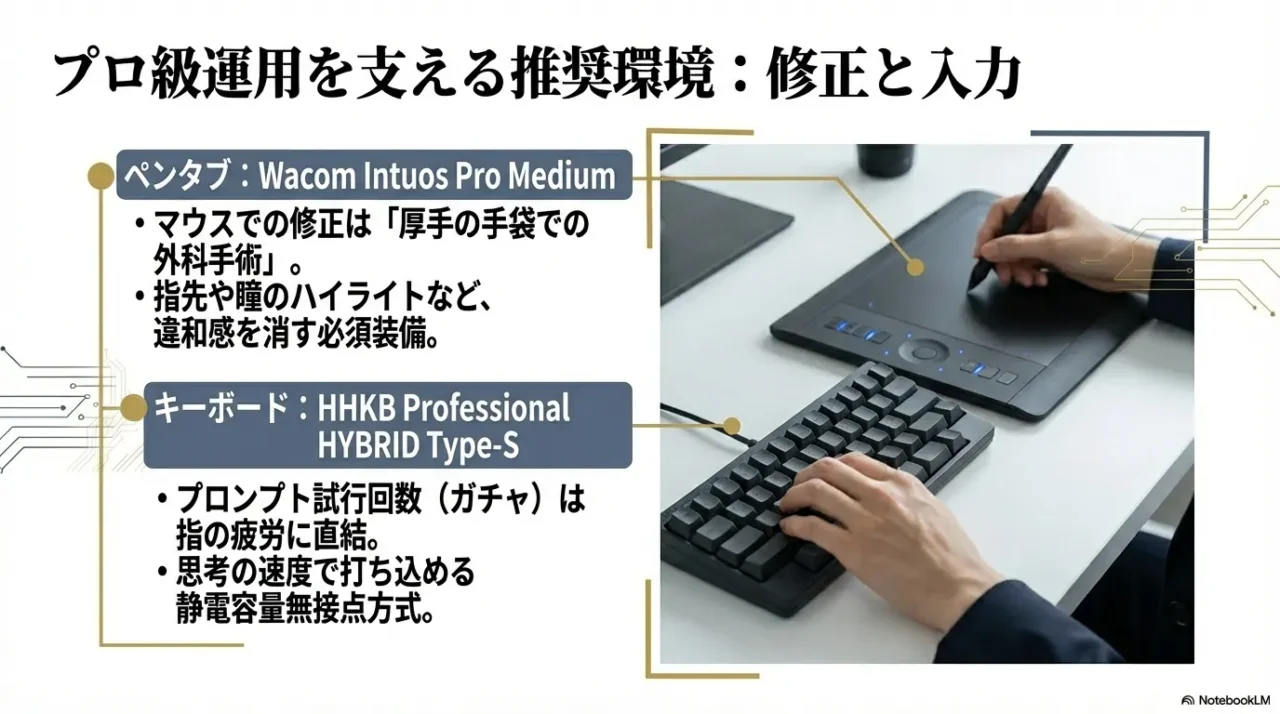 マウスより精密に修正できるペンタブと、試行回数が増えるプロンプト入力を支えるキーボードで疲労と作業時間を減らす提案