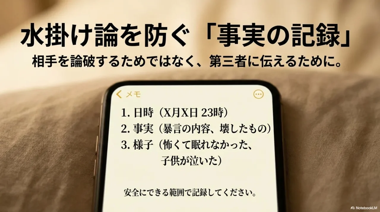 水掛け論を防ぐために記録すべきメモの項目（日時・事実・様子）