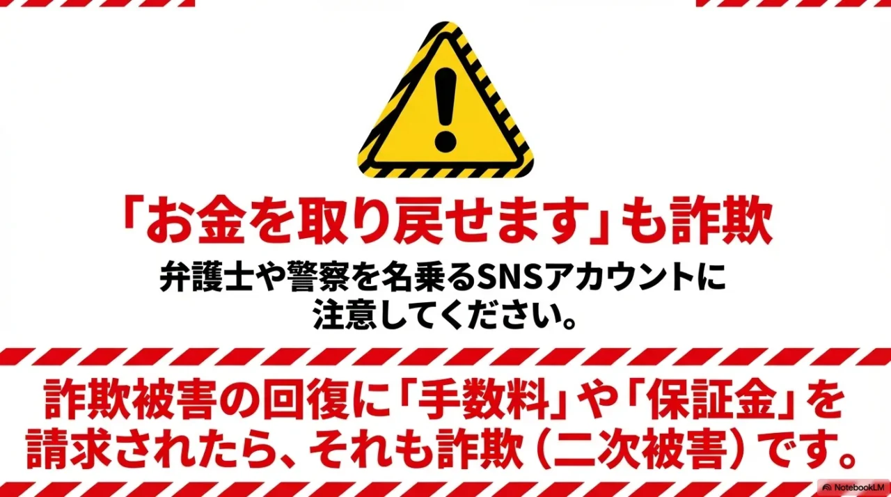 黄色い警告マーク。弁護士や警察を名乗る二次被害への注意喚起