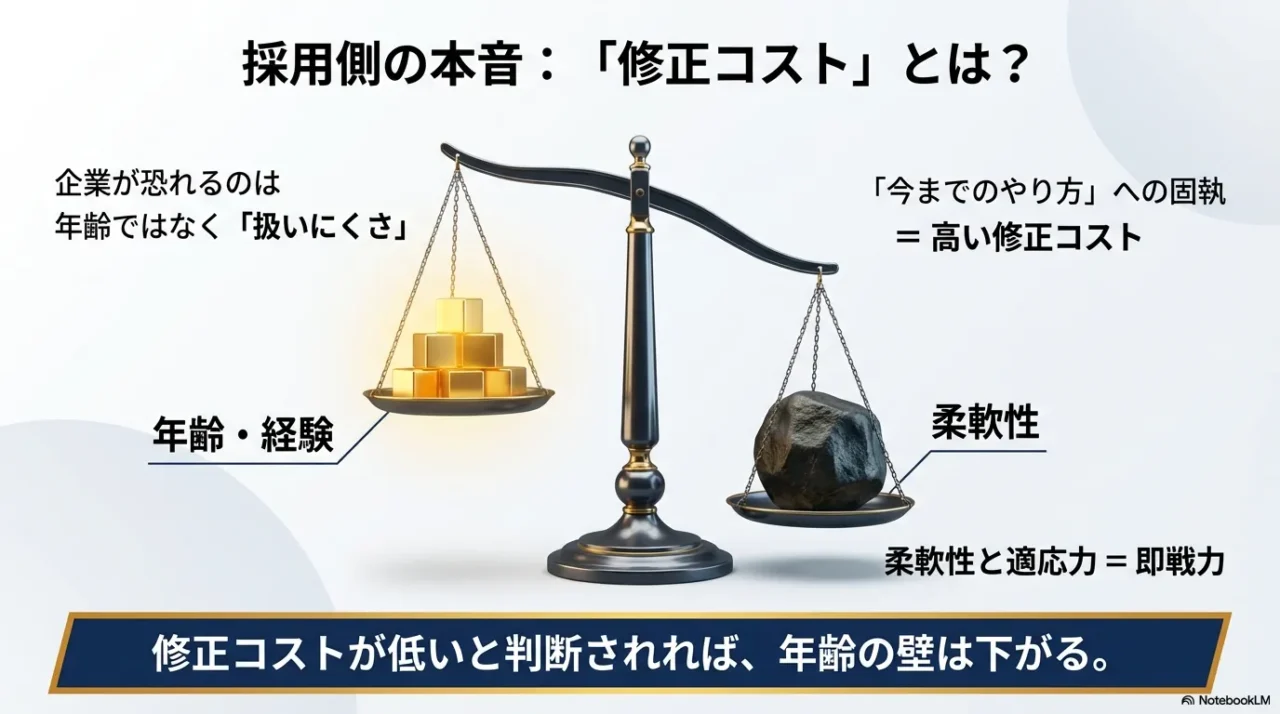 天秤の片方に「年齢・経験」、もう片方に「柔軟性」が載った画像。企業は年齢ではなく、過去のやり方への固執（修正コスト）を恐れていることを解説するスライド。