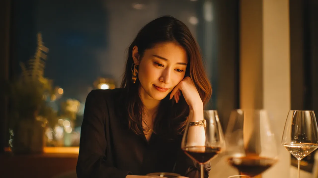 夜のダイニングで赤ワインのグラスを前に考える女性。お酒の種類とコンジナーによる二日酔いの違いを連想させる