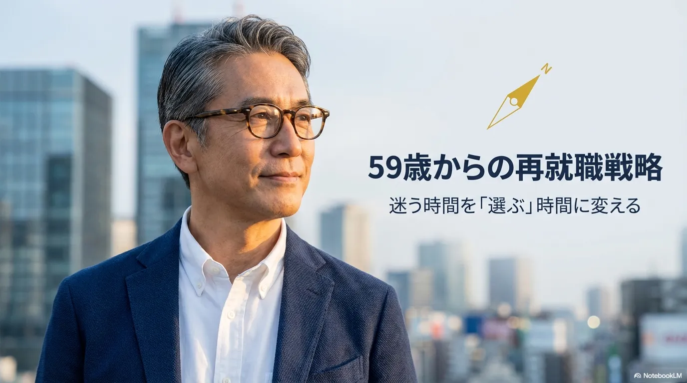 眼鏡をかけ、自信に満ちた表情で遠くを見つめる59歳のシニア男性。背景には都市のビル群が広がり、「59歳からの再就職戦略」という文字が添えられている。