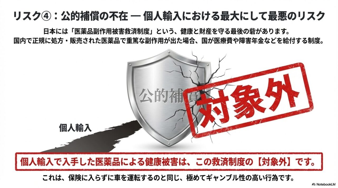 国内正規処方なら適用される公的補償制度が、個人輸入薬では対象外となり、救済されないことの警告図
