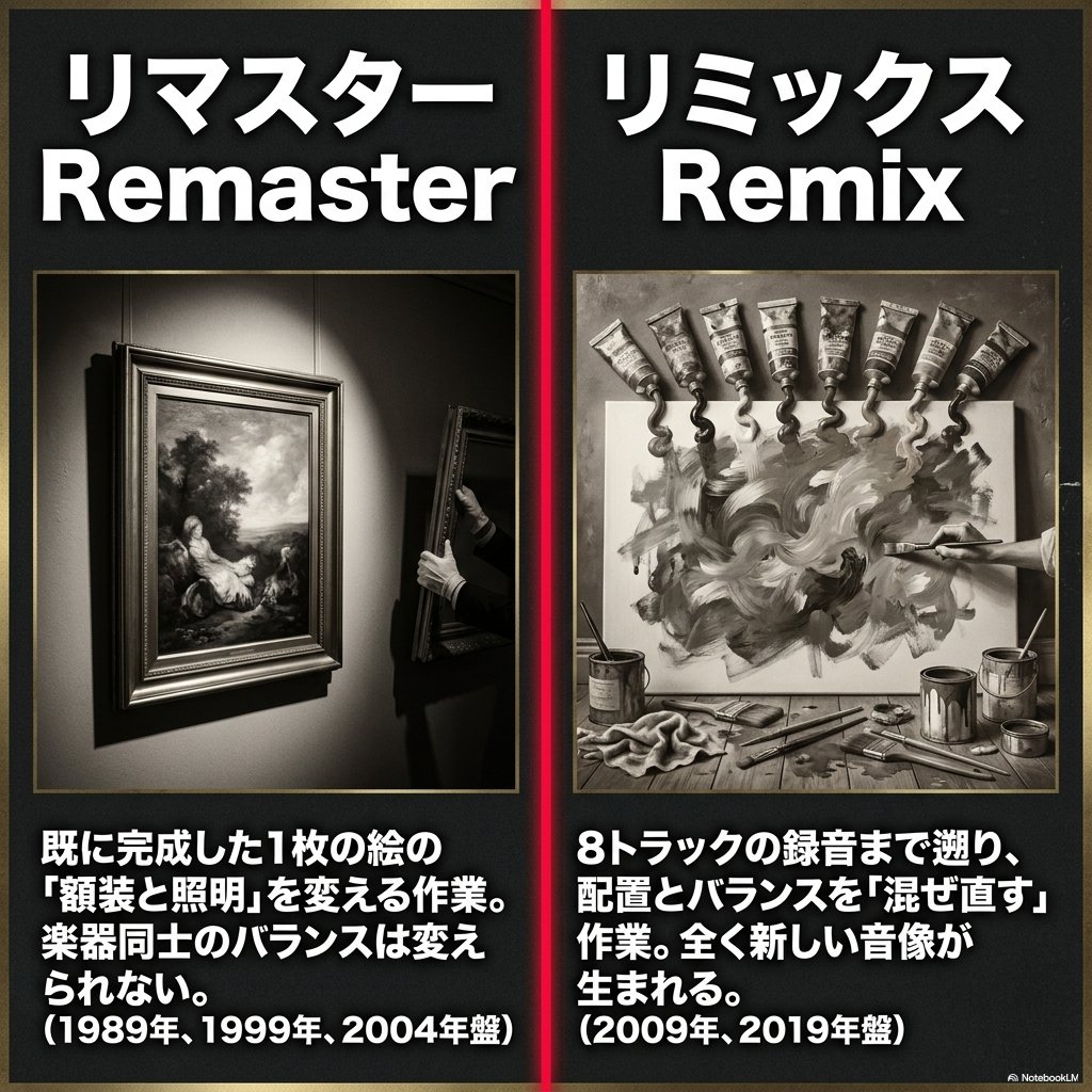 左に額装された絵画、右に絵の具で塗り直すキャンバスを並べ、リマスターとリミックスの違いを対比した図。それぞれに該当する発売年の盤も併記されている。