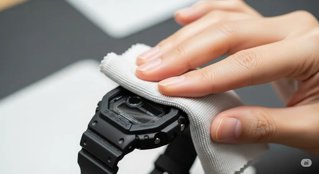 樹脂バンドのG-SHOCKを液体に浸して汚れを落とす日本人の手元