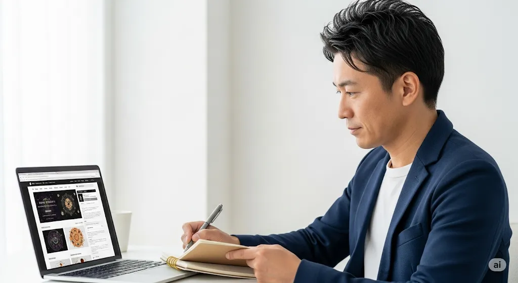 ノートを取りながら霊能者をリサーチする男性