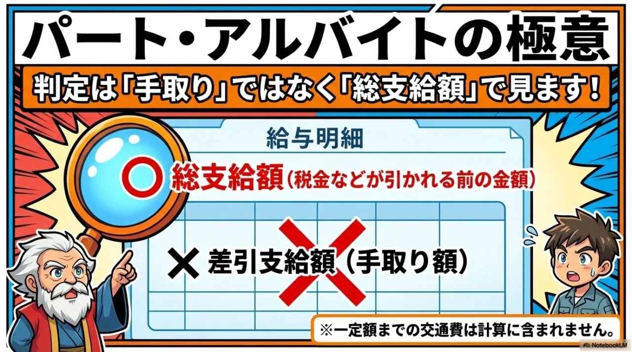 パートやアルバイトの住民税判定では手取り額ではなく総支給額を確認することを示した画像