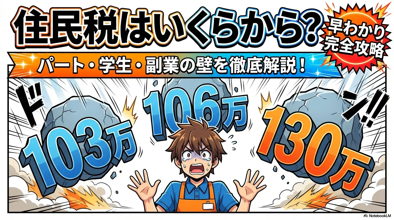 住民税はいくらからかかるのかを103万円、106万円、130万円の壁とあわせて示した導入画像