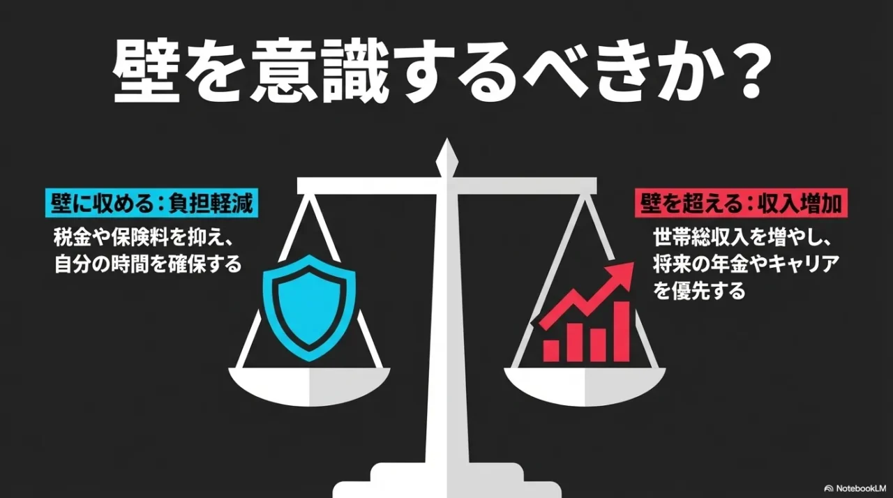 年収の壁に収める場合と超える場合の考え方を比較した画像