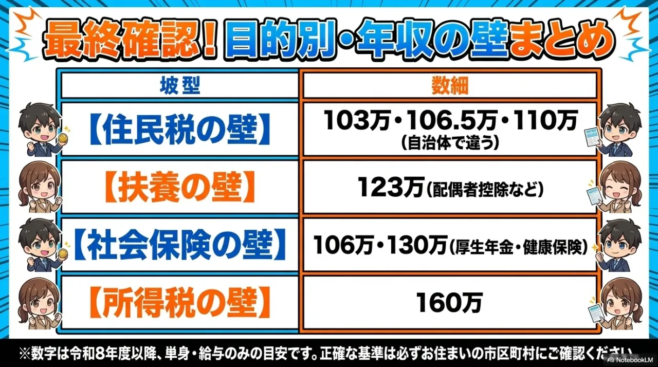 住民税、扶養、社会保険、所得税の代表的な年収ラインを一覧で整理したまとめ画像