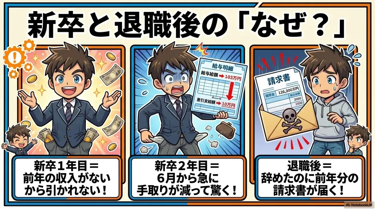 新卒1年目は住民税がかかりにくく、新卒2年目は6月から手取りが減り、退職後は納付書が届く流れを示した画像