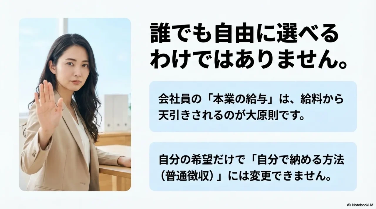 会社員の本業給与は希望だけで普通徴収に変更できないことを示す画像