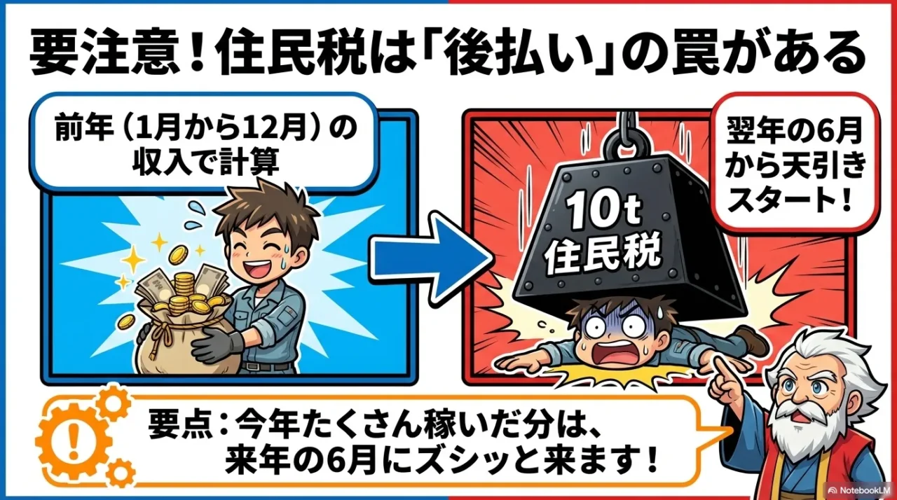 前年の1月から12月の収入をもとに計算され、翌年6月から住民税の天引きが始まる流れを示した画像