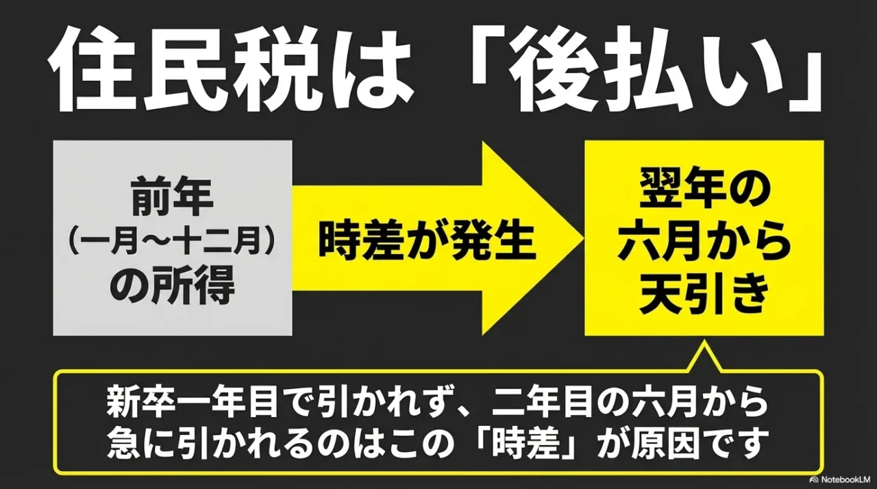 住民税が前年の所得をもとに翌年6月から天引きされる流れを示した画像